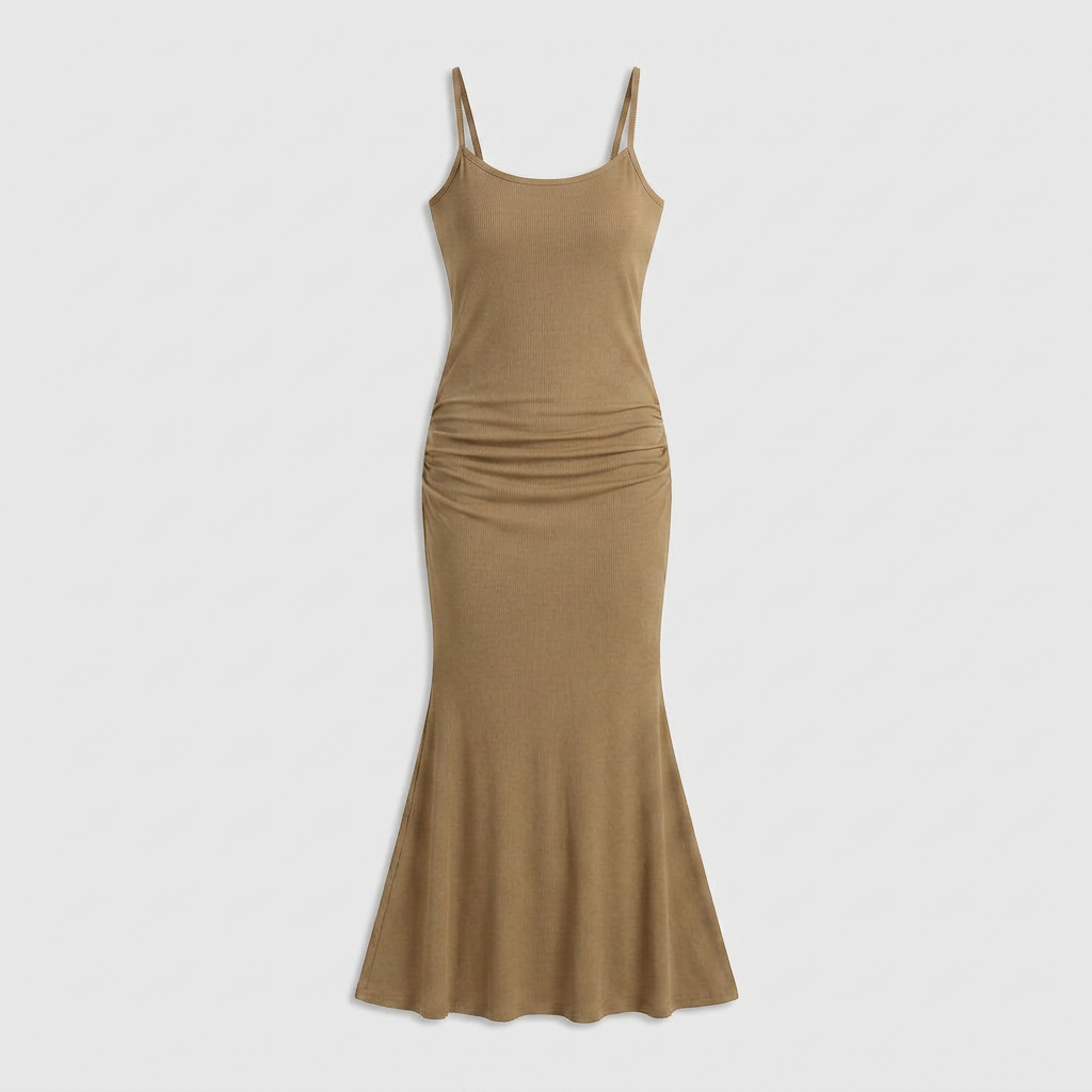 Robe Maxi Jersey Côtelé Bretelles Fines Froncée Évasée Pour Femme