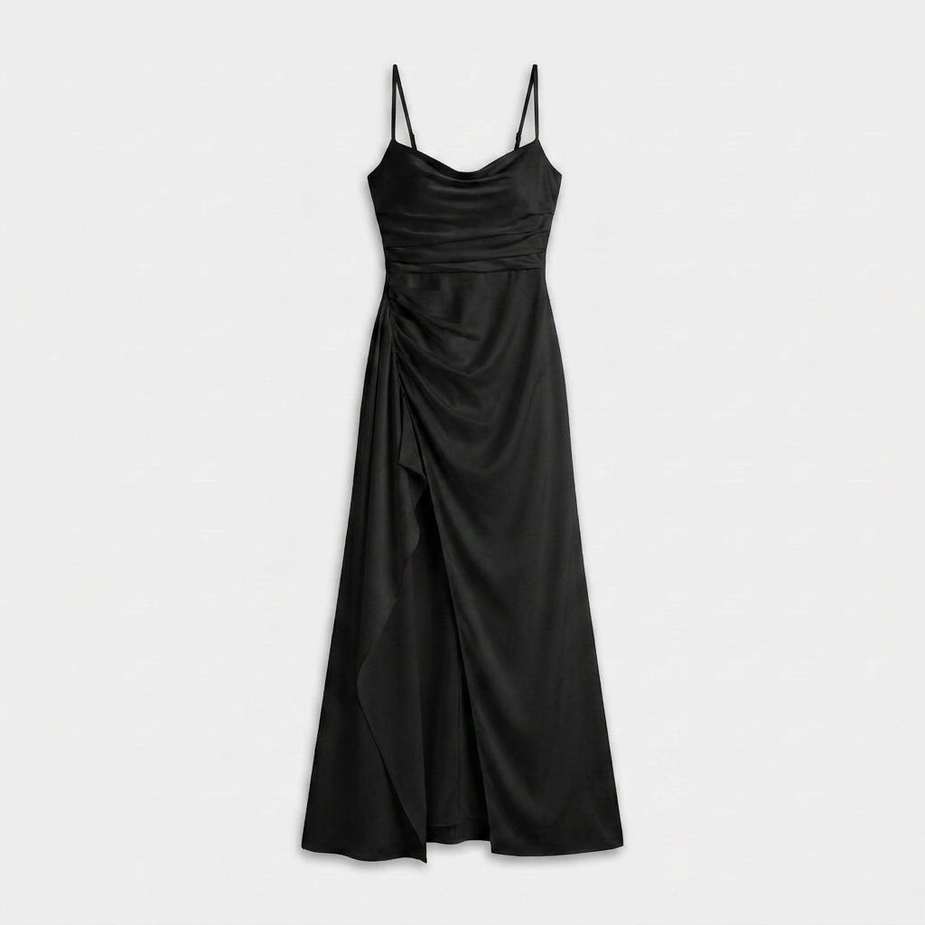Robe de Soirée Longue en Satin à Fente Volantée pour Femme