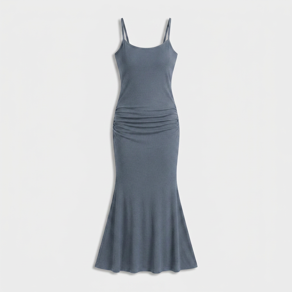 Robe Maxi Jersey Côtelé Bretelles Fines Froncée Évasée Pour Femme