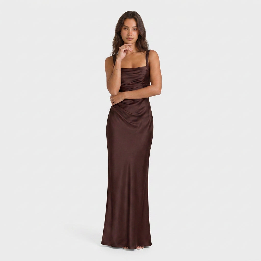 Robe de Soirée Longue en Satin Drapé pour Femme