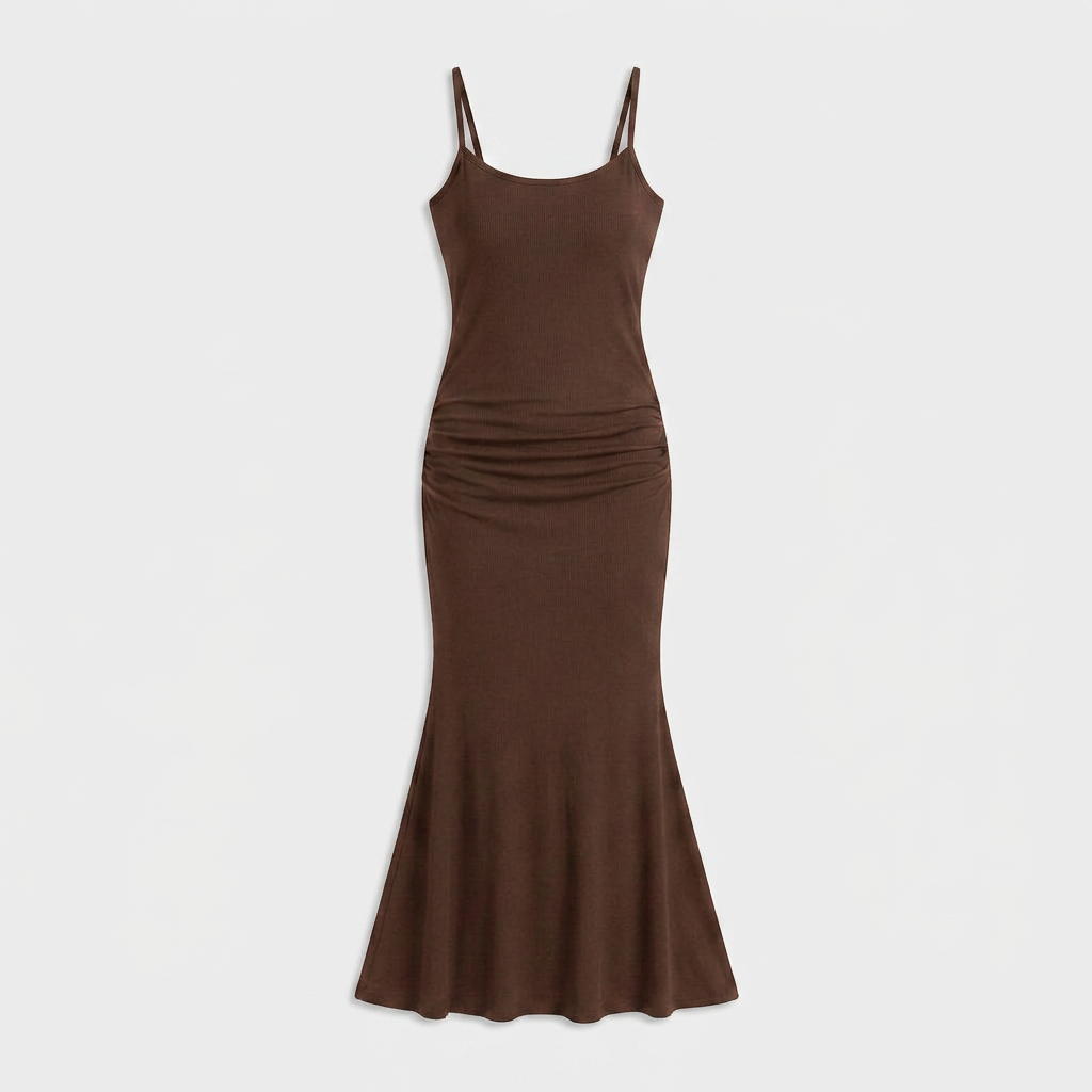 Robe Maxi Jersey Côtelé Bretelles Fines Froncée Évasée Pour Femme