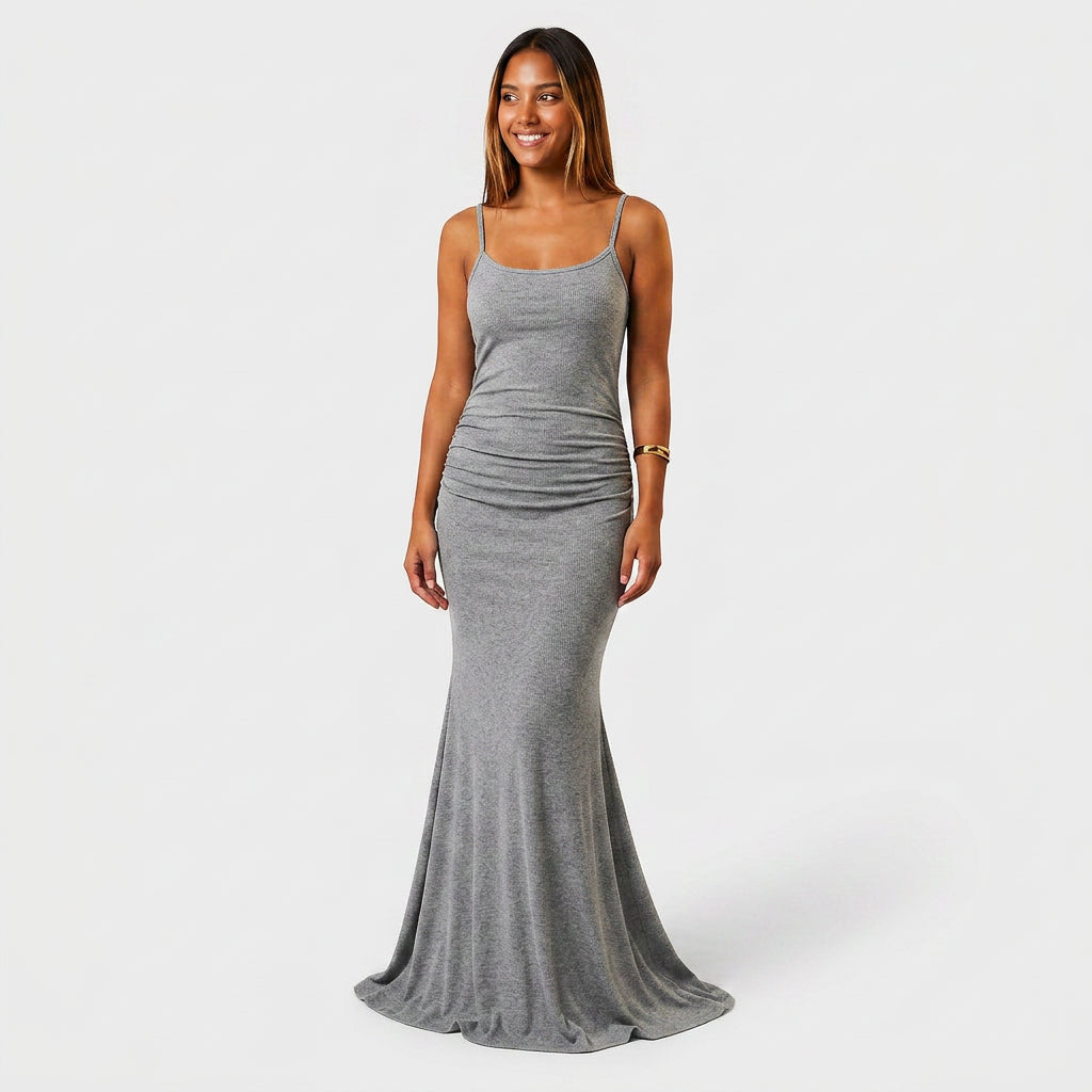 Robe Maxi Jersey Côtelé Bretelles Fines Froncée Évasée Pour Femme