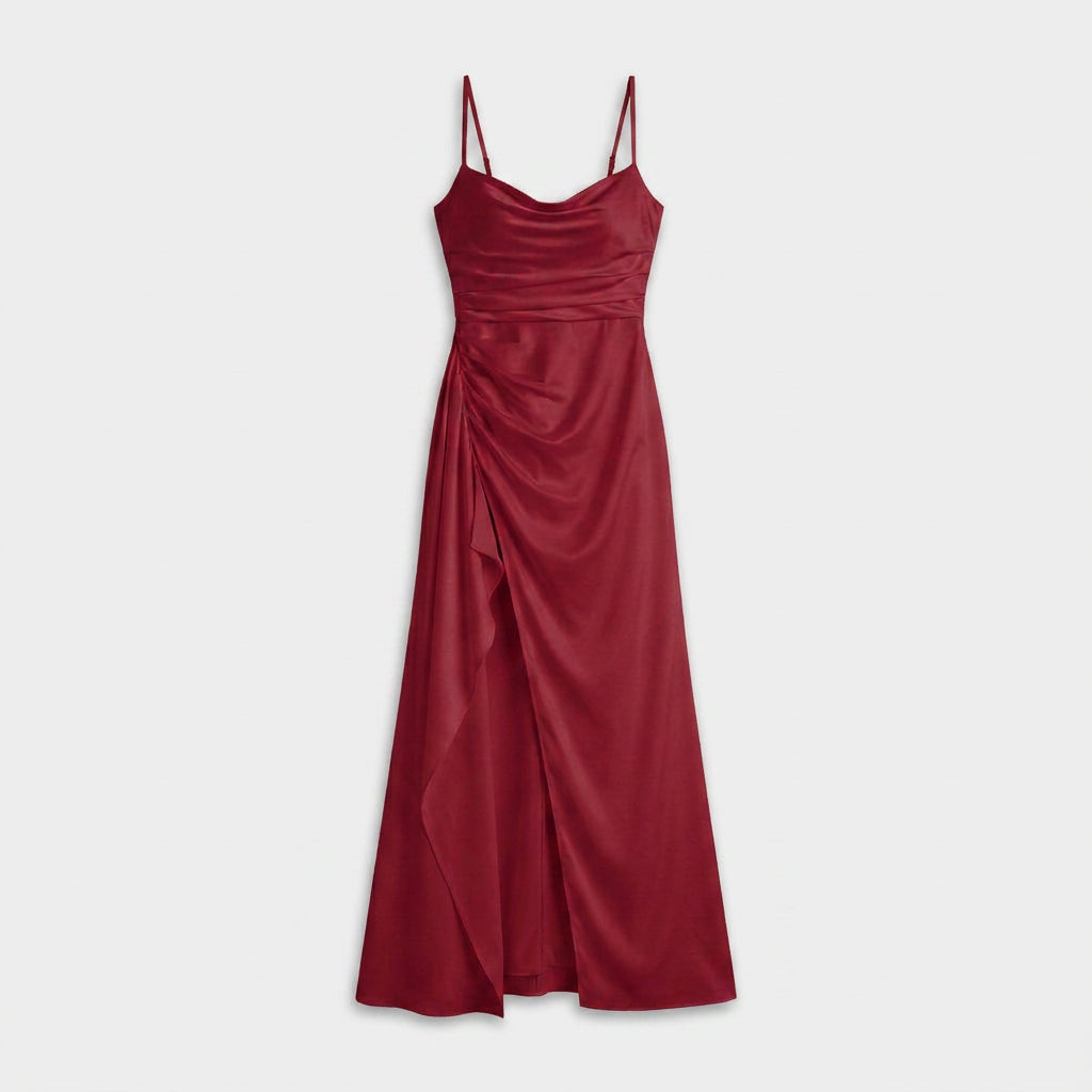 Robe de Soirée Longue en Satin à Fente Volantée pour Femme