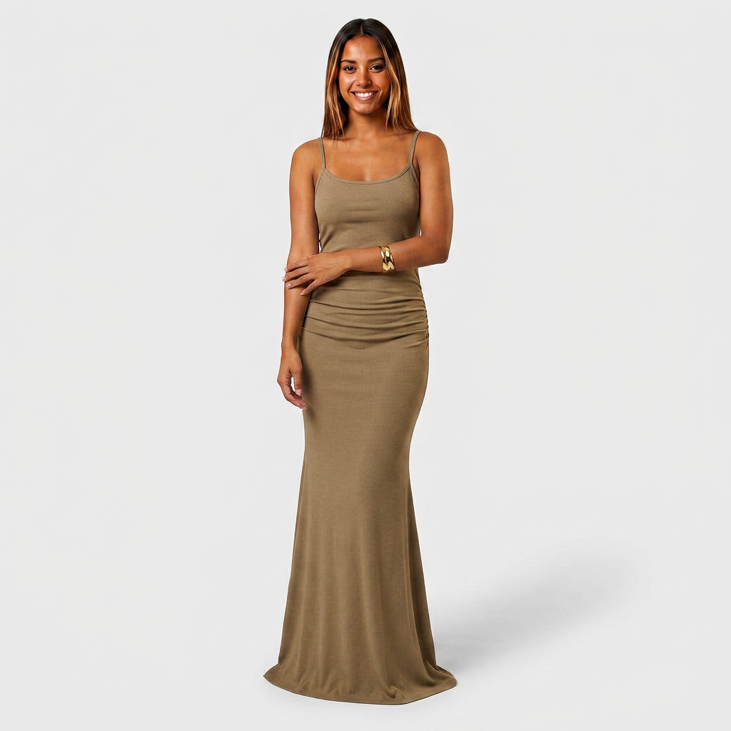 Robe Maxi Jersey Côtelé Bretelles Fines Froncée Évasée Pour Femme