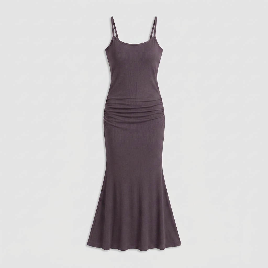 Robe Maxi Jersey Côtelé Bretelles Fines Froncée Évasée Pour Femme
