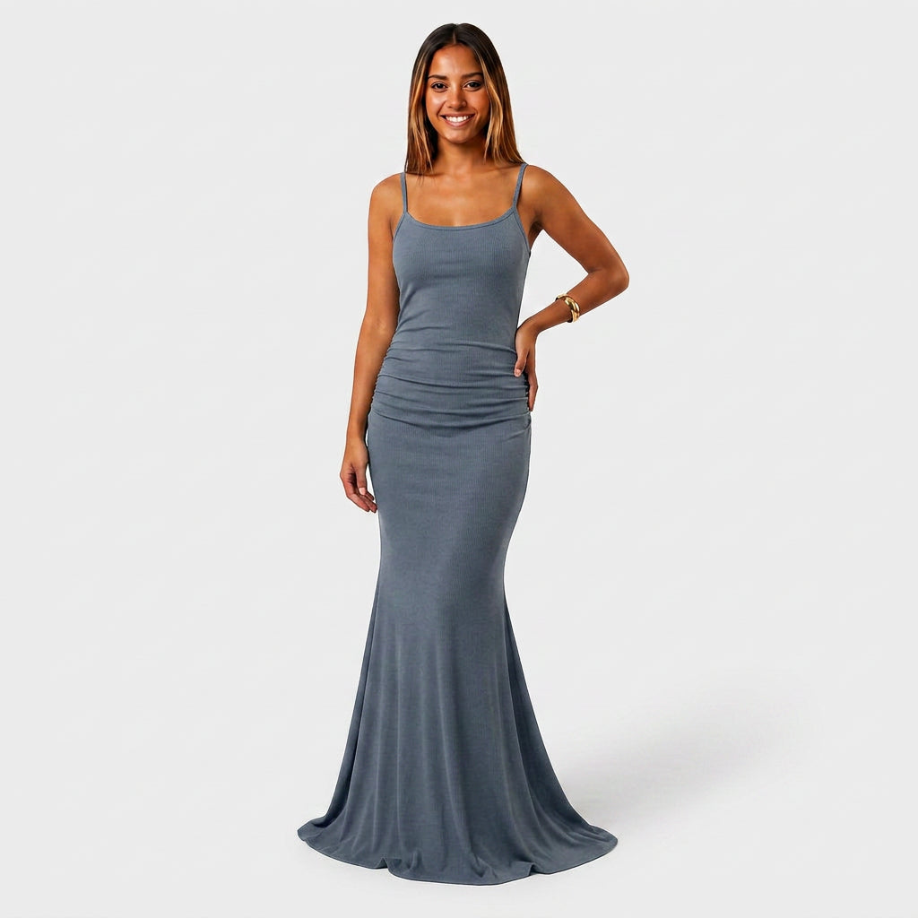 Robe Maxi Jersey Côtelé Bretelles Fines Froncée Évasée Pour Femme