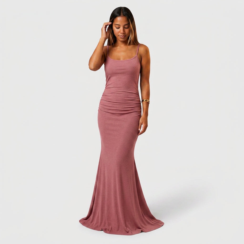 Robe Maxi Jersey Côtelé Bretelles Fines Froncée Évasée Pour Femme
