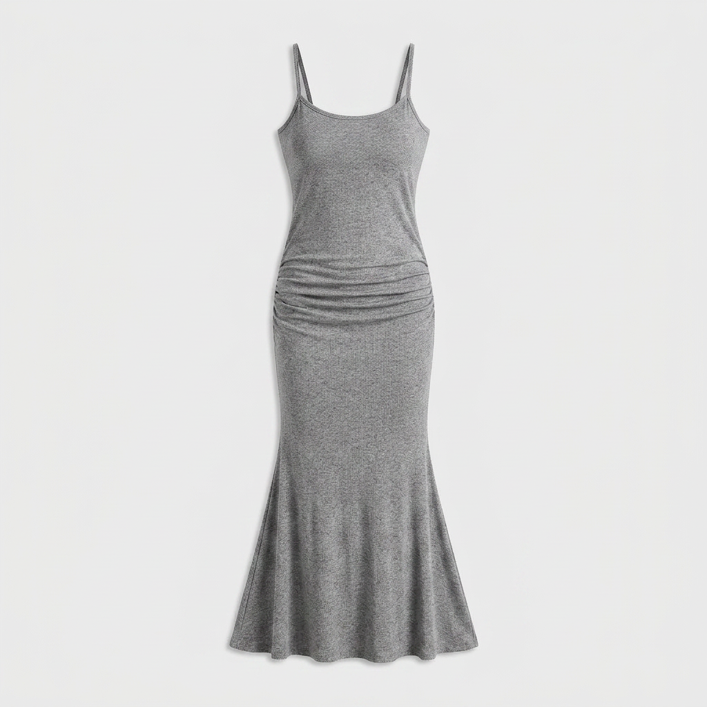 Robe Maxi Jersey Côtelé Bretelles Fines Froncée Évasée Pour Femme