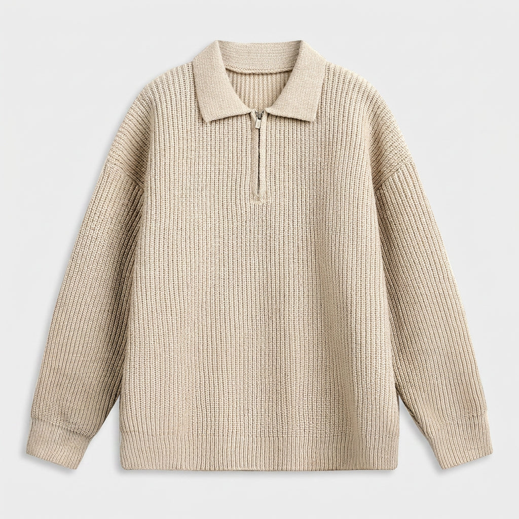 Pull Oversize à Col Polo Zippé en Maille Côtelée pour Homme