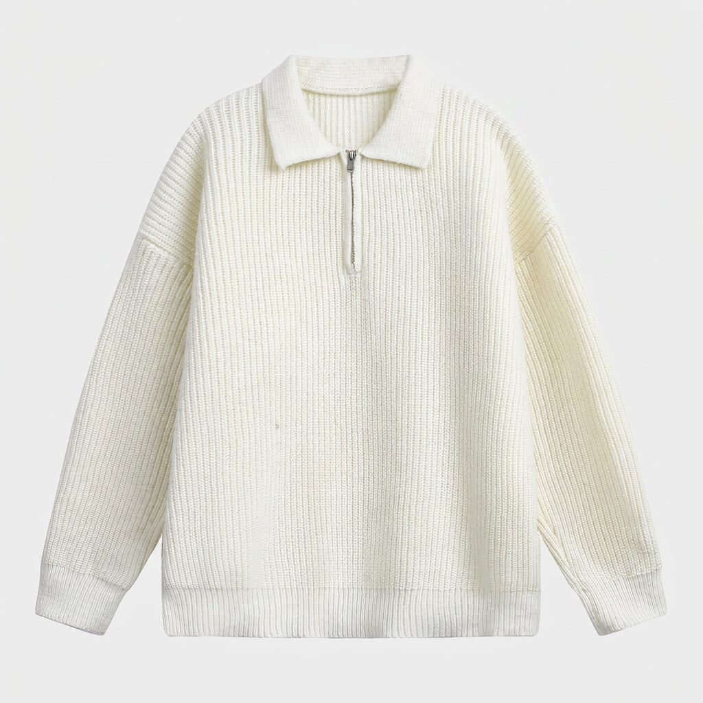 Pull Oversize à Col Polo Zippé en Maille Côtelée pour Homme