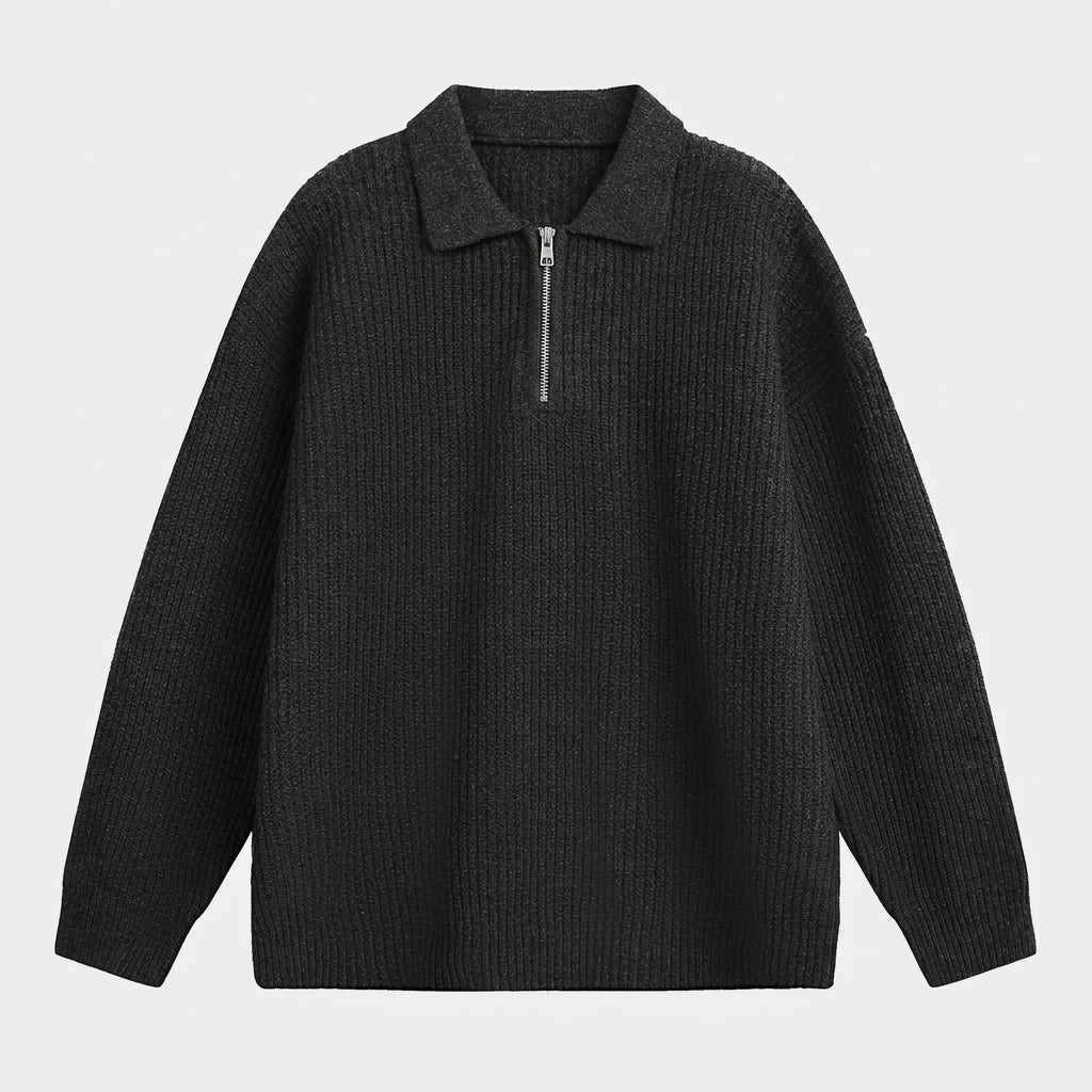 Pull Oversize à Col Polo Zippé en Maille Côtelée pour Homme