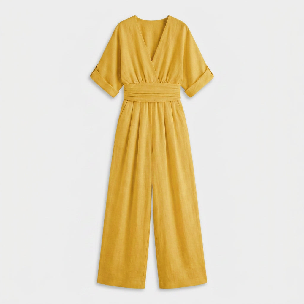Combinaison Longue à Aspect Lin et Taille Nouée pour Femme