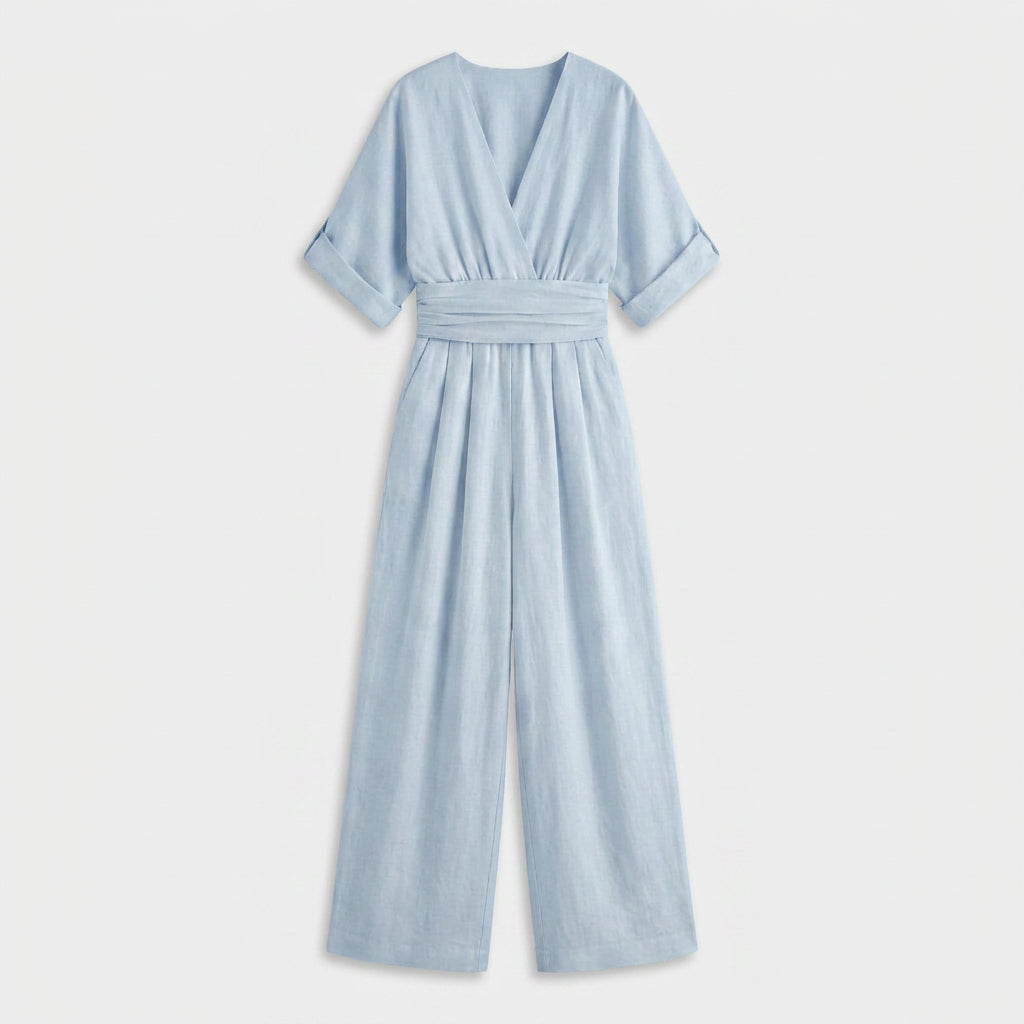 Combinaison Longue à Aspect Lin et Taille Nouée pour Femme