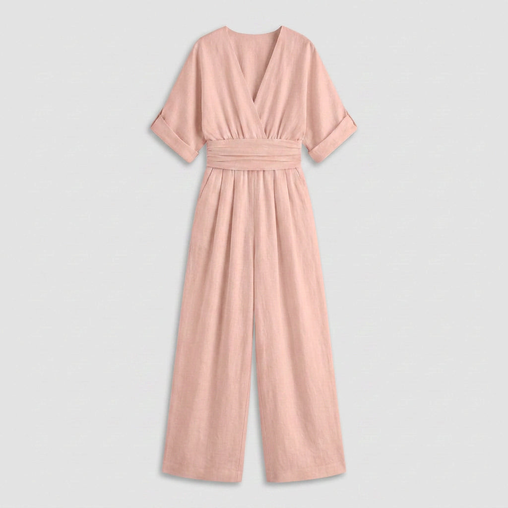 Combinaison Longue à Aspect Lin et Taille Nouée pour Femme