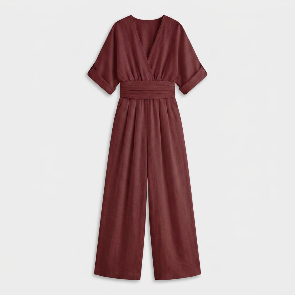 Combinaison Longue à Aspect Lin et Taille Nouée pour Femme