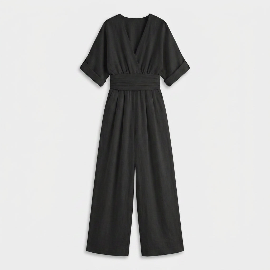 Combinaison Longue à Aspect Lin et Taille Nouée pour Femme