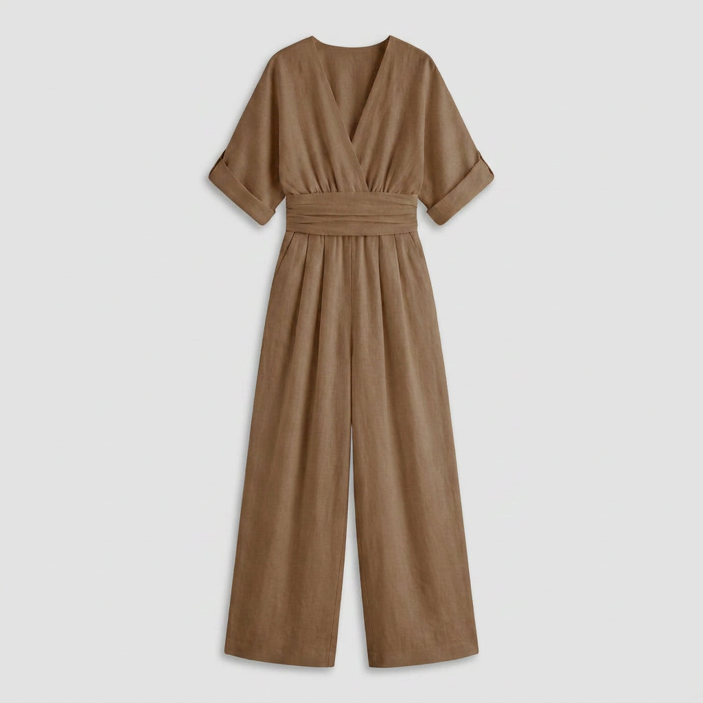 Combinaison Longue à Aspect Lin et Taille Nouée pour Femme