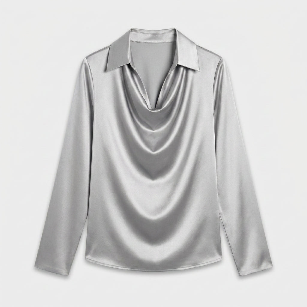 Blouse en Satin à Col Chemisier Drapé pour Femme