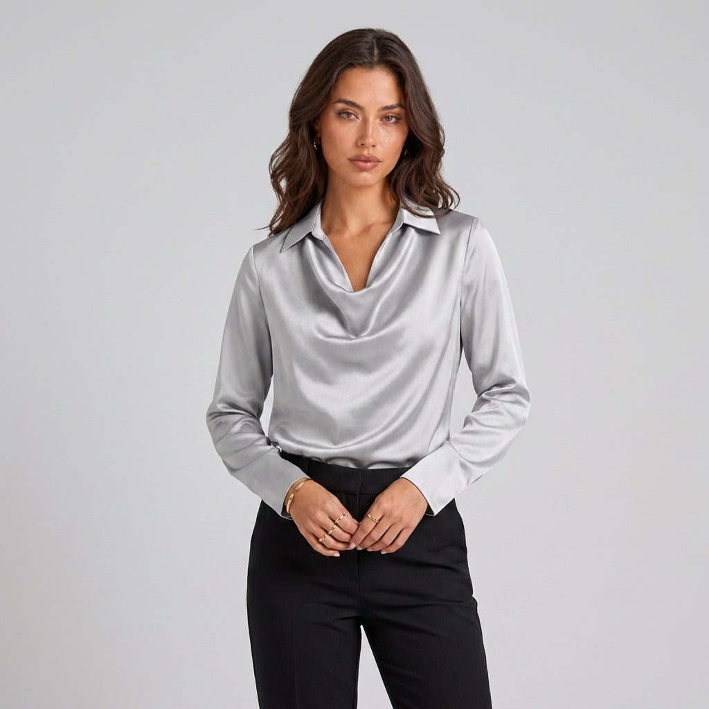 Blouse en Satin à Col Chemisier Drapé pour Femme