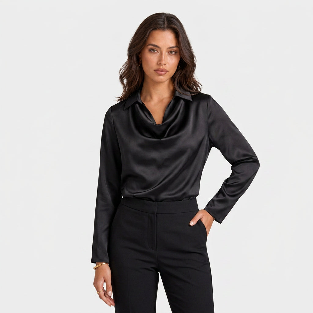 Blouse en Satin à Col Chemisier Drapé pour Femme