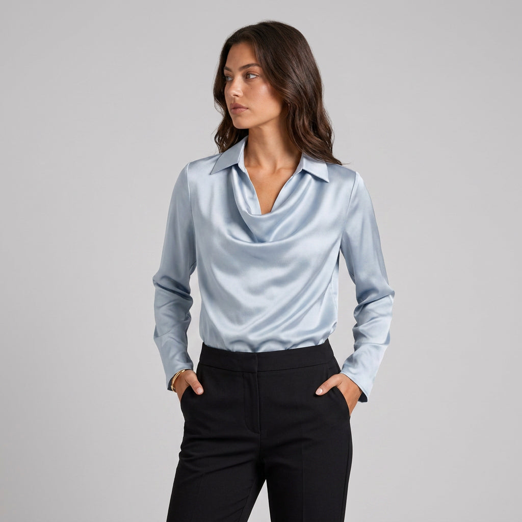 Blouse en Satin à Col Chemisier Drapé pour Femme