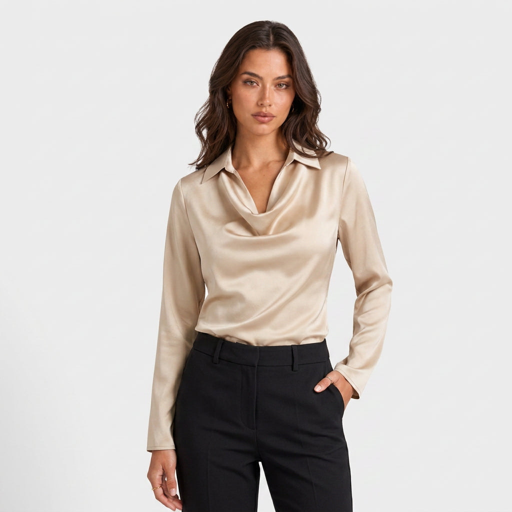 Blouse en Satin à Col Chemisier Drapé pour Femme
