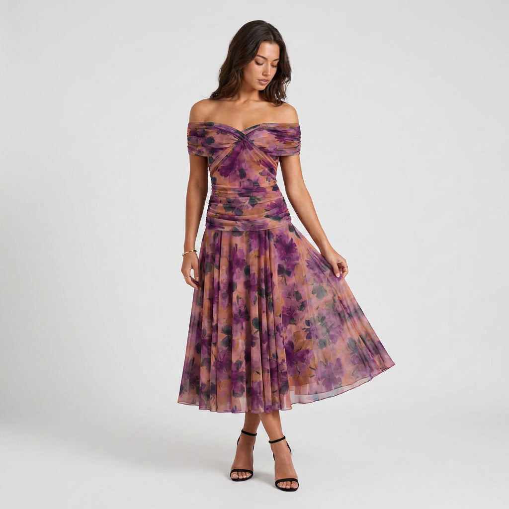 Robe de Cérémonie Fleurie à Épaules Dénudées pour Femme