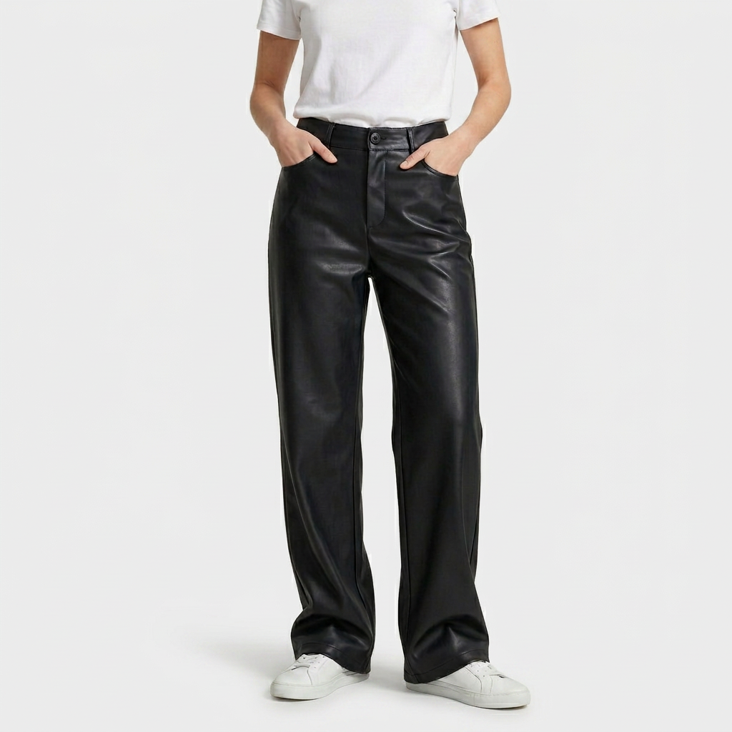 Pantalon Cuir Synthétique Taille Haute Coupe Ajustée pour Femme