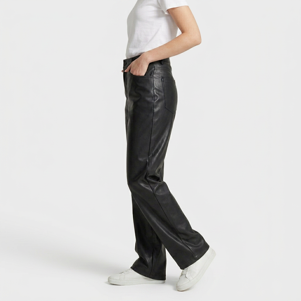 Pantalon Cuir Synthétique Taille Haute Coupe Ajustée pour Femme