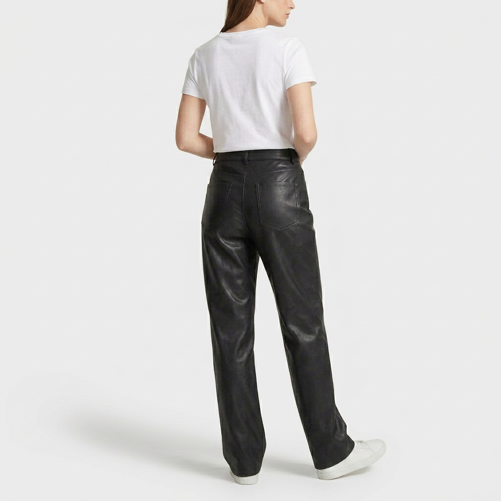 Pantalon Cuir Synthétique Taille Haute Coupe Ajustée pour Femme