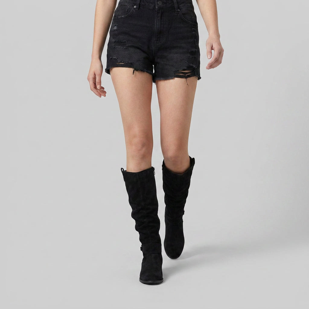 Bottes Hautes en Daim à Tige Froncée pour Femme