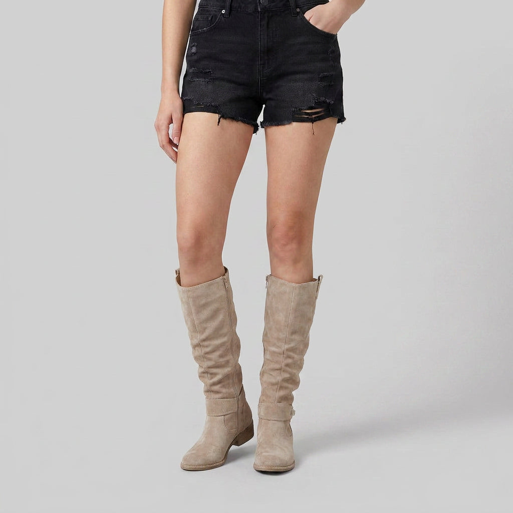Bottes Hautes en Daim à Tige Froncée pour Femme