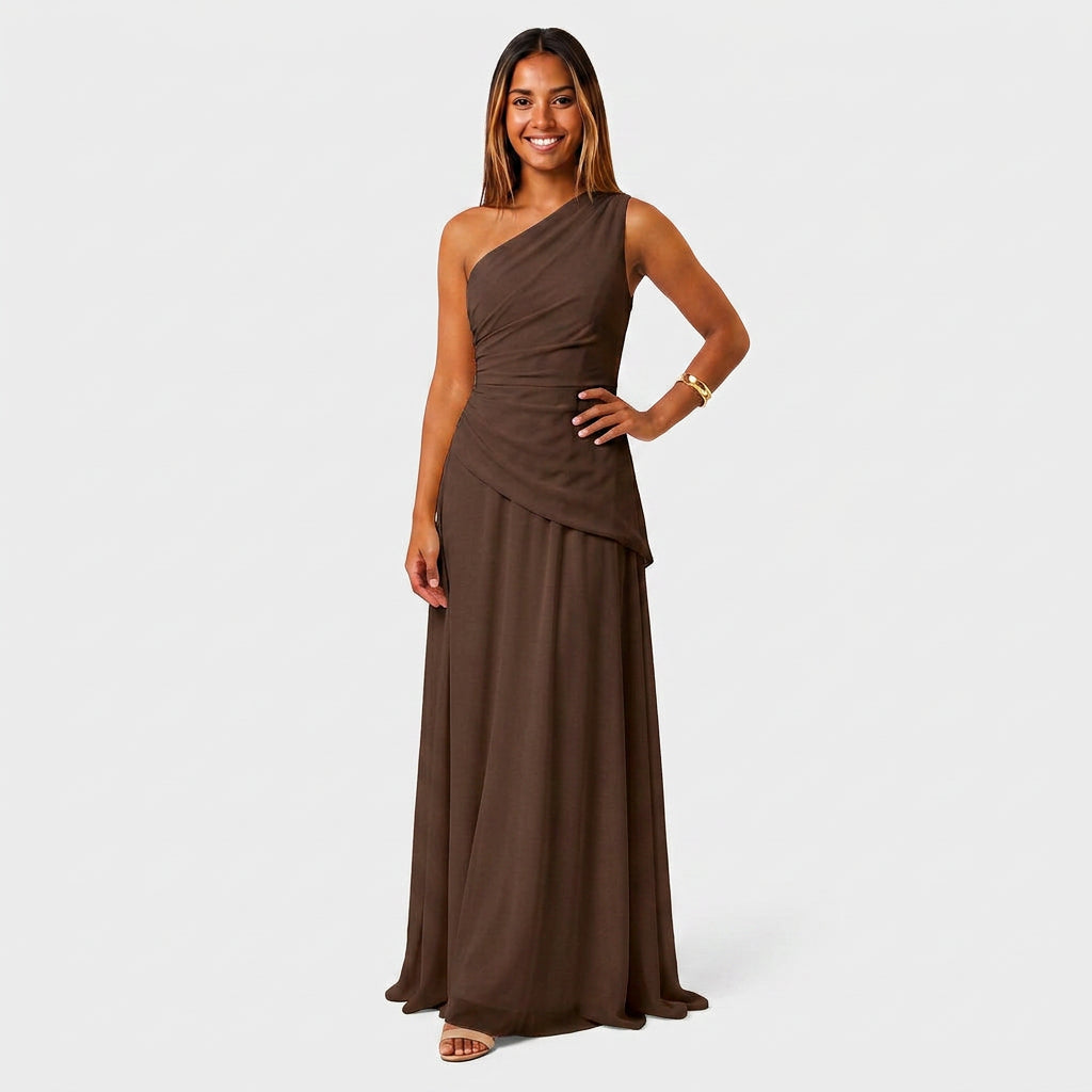 Robe Maxi Mousseline Une Épaule Drapée Évasée Pour Femme