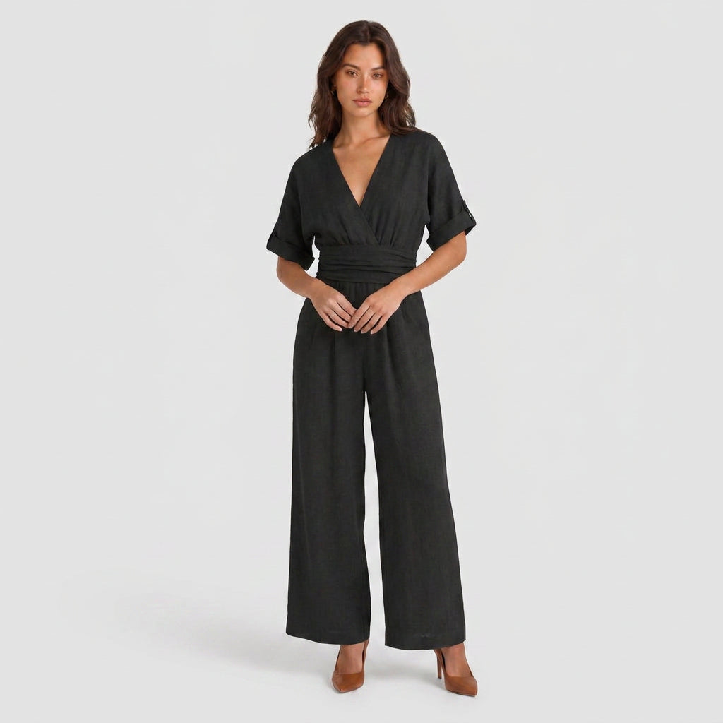 Combinaison Longue à Aspect Lin et Taille Nouée pour Femme