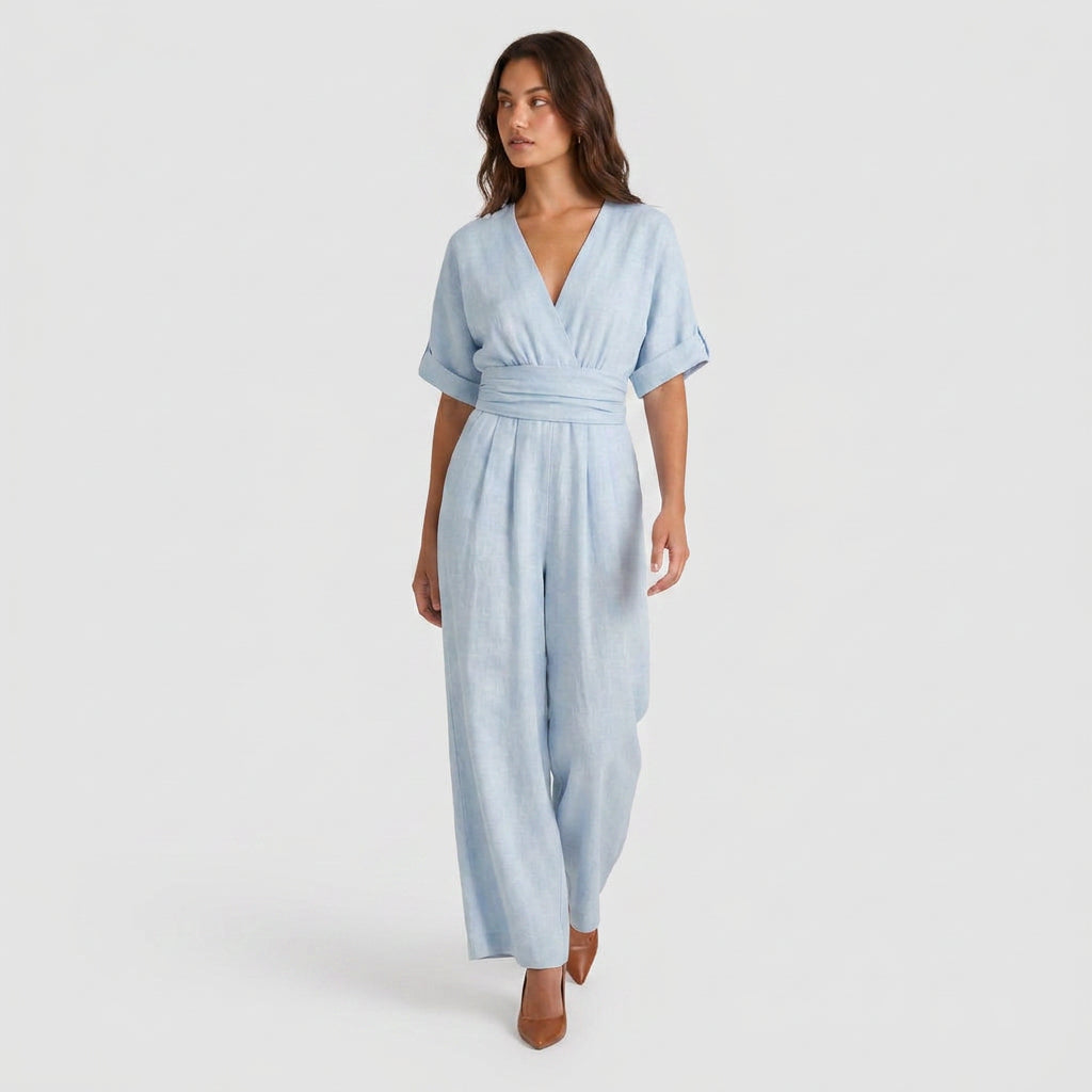 Combinaison Longue à Aspect Lin et Taille Nouée pour Femme