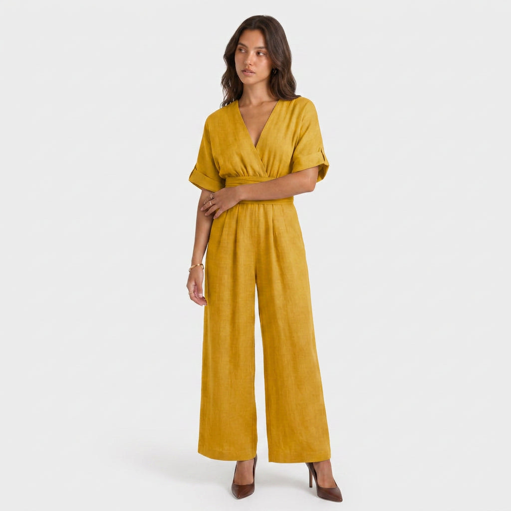 Combinaison Longue à Aspect Lin et Taille Nouée pour Femme