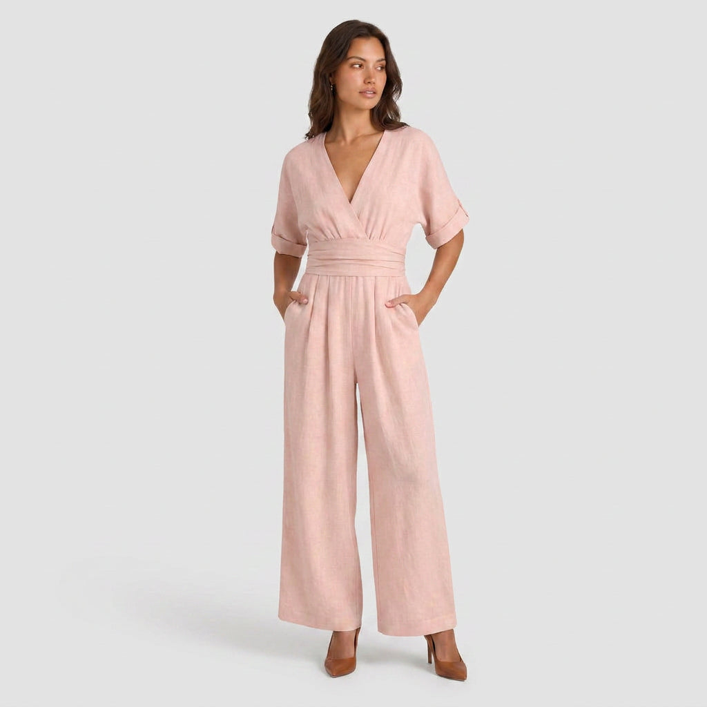 Combinaison Longue à Aspect Lin et Taille Nouée pour Femme
