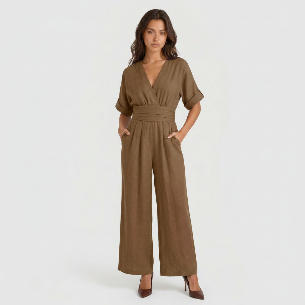 Combinaison Longue à Aspect Lin et Taille Nouée pour Femme