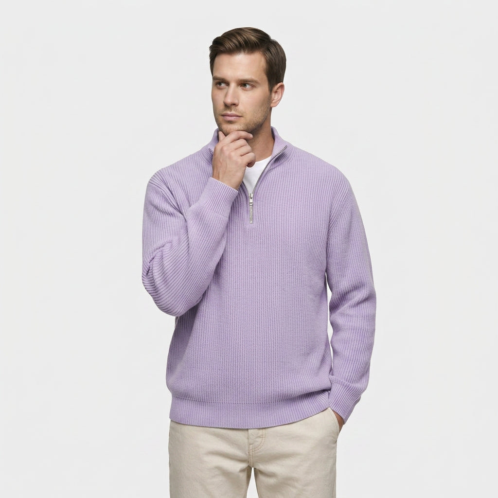 Pull en Maille Côtelée à Col Zippé pour Homme