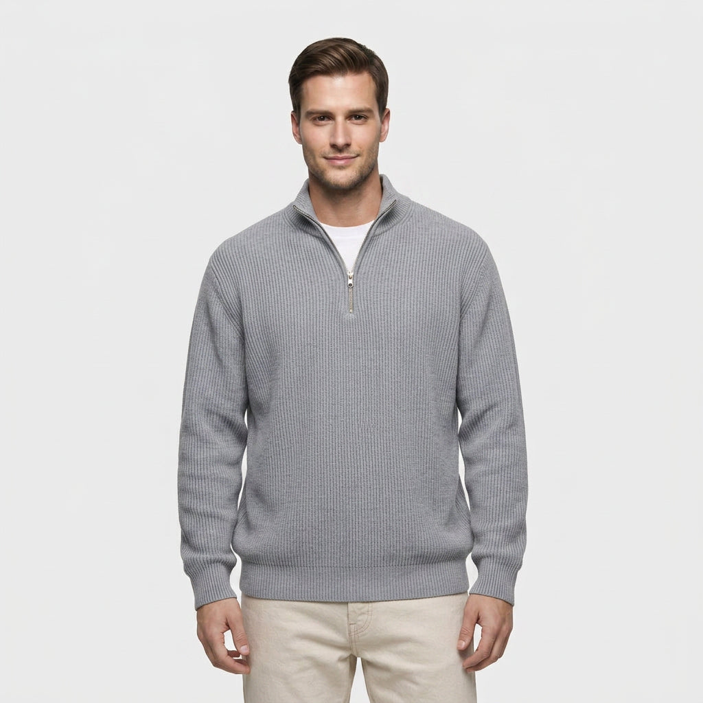 Pull en Maille Côtelée à Col Zippé pour Homme