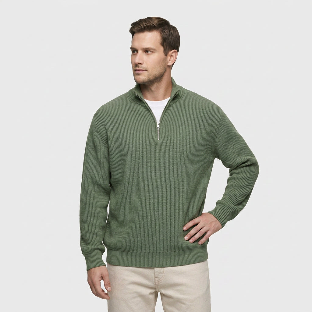 Pull en Maille Côtelée à Col Zippé pour Homme