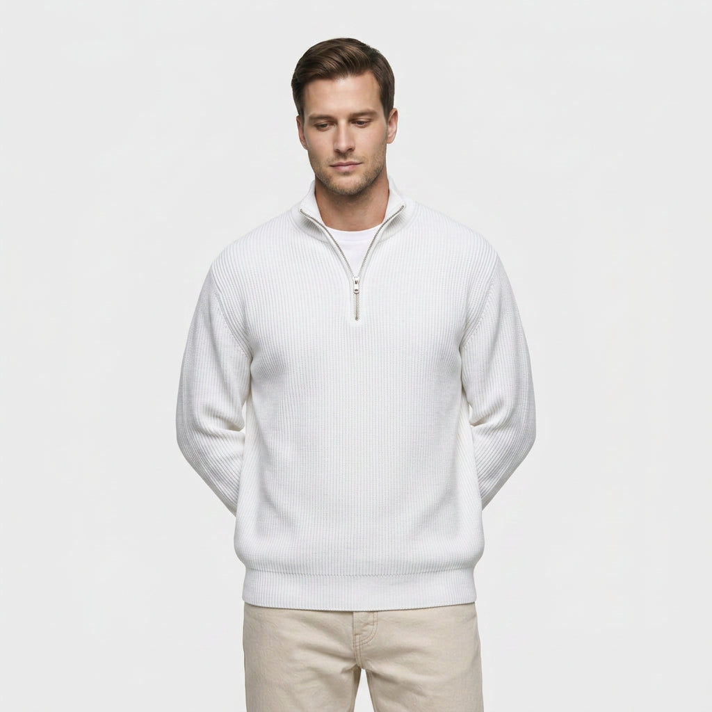 Pull en Maille Côtelée à Col Zippé pour Homme