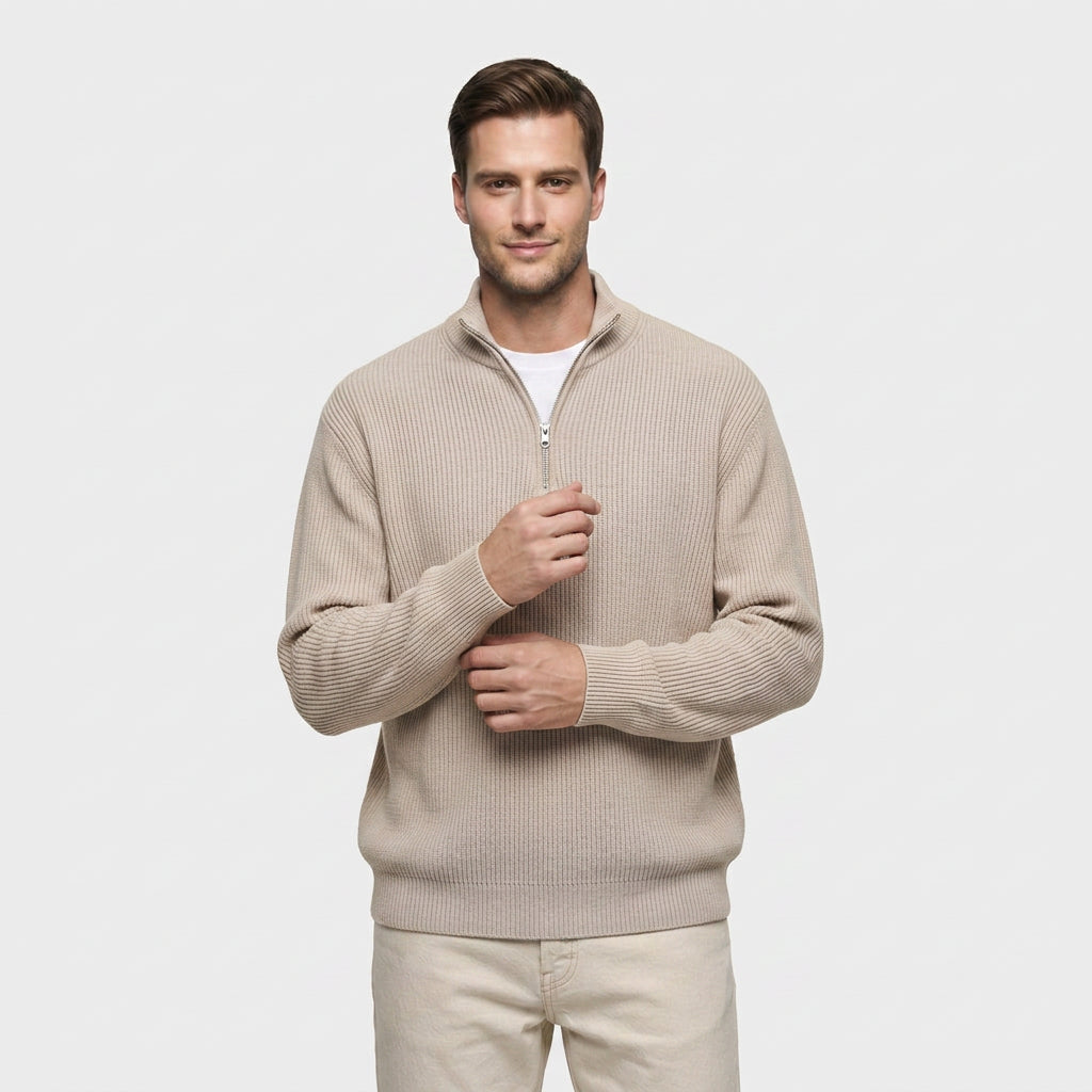 Pull en Maille Côtelée à Col Zippé pour Homme