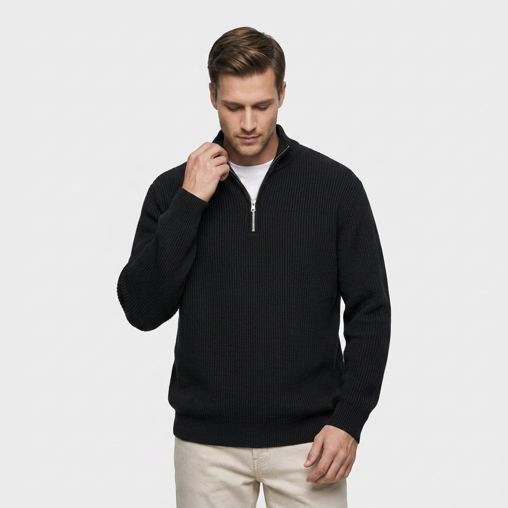 Pull en Maille Côtelée à Col Zippé pour Homme