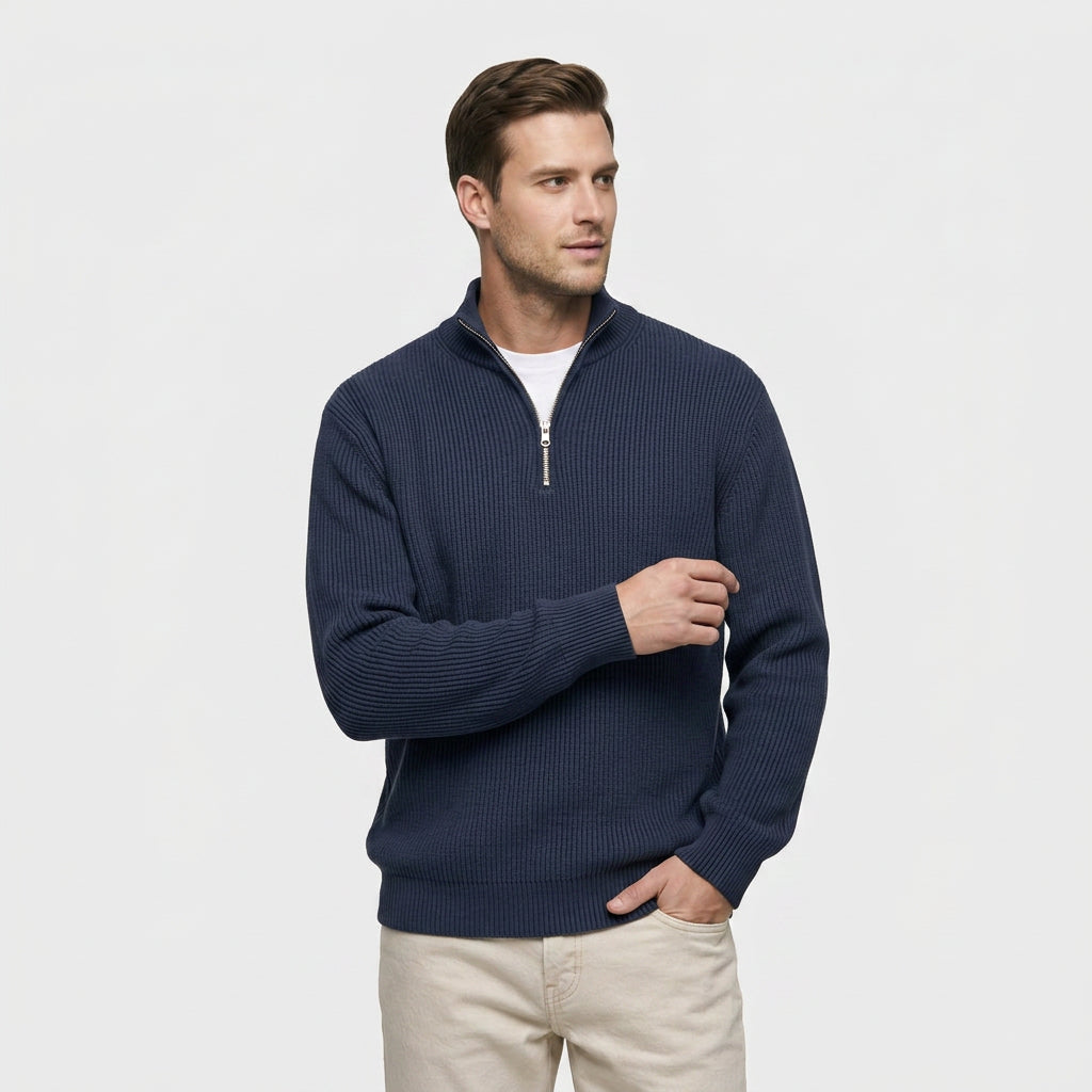 Pull en Maille Côtelée à Col Zippé pour Homme