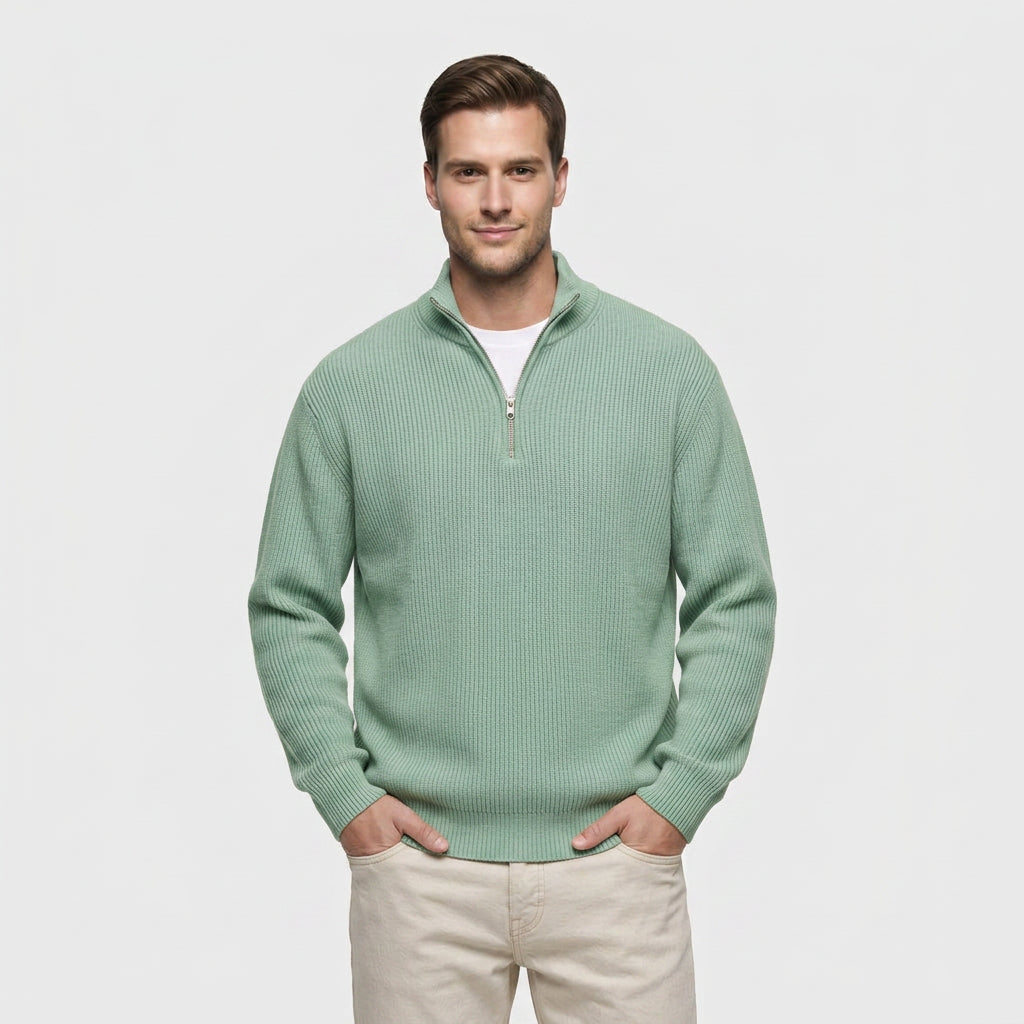 Pull en Maille Côtelée à Col Zippé pour Homme
