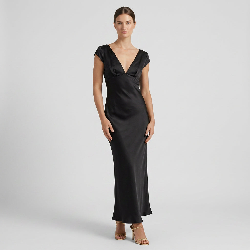 Robe Maxi Décolleté Plongeant Manches Courtes Pour Femme