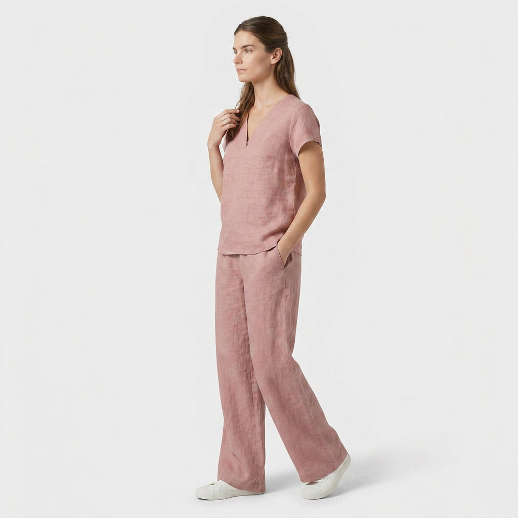 Ensemble Top Col V Pantalon Large Taille Haute pour Femme
