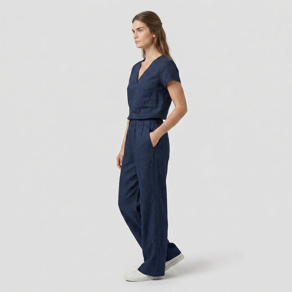 Ensemble Top Col V Pantalon Large Taille Haute pour Femme