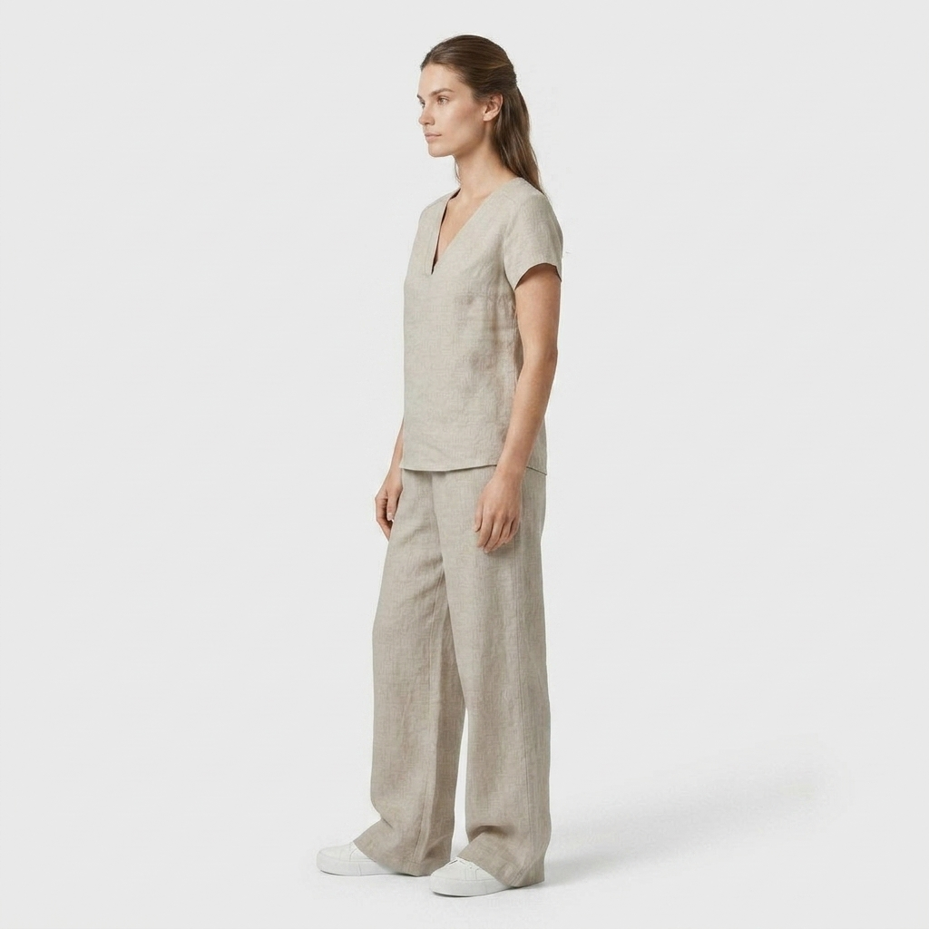 Ensemble Top Col V Pantalon Large Taille Haute pour Femme